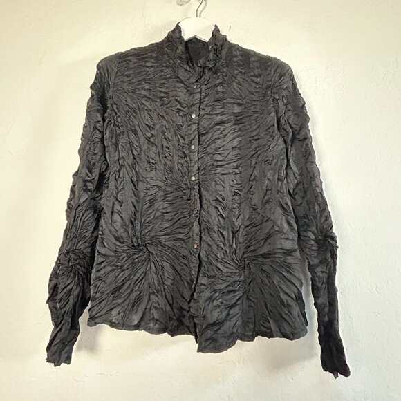 Babette Womens Black Textured Crinkle Button-Up Shirt Small Long Sleeve Casual - Picture 1 of 10